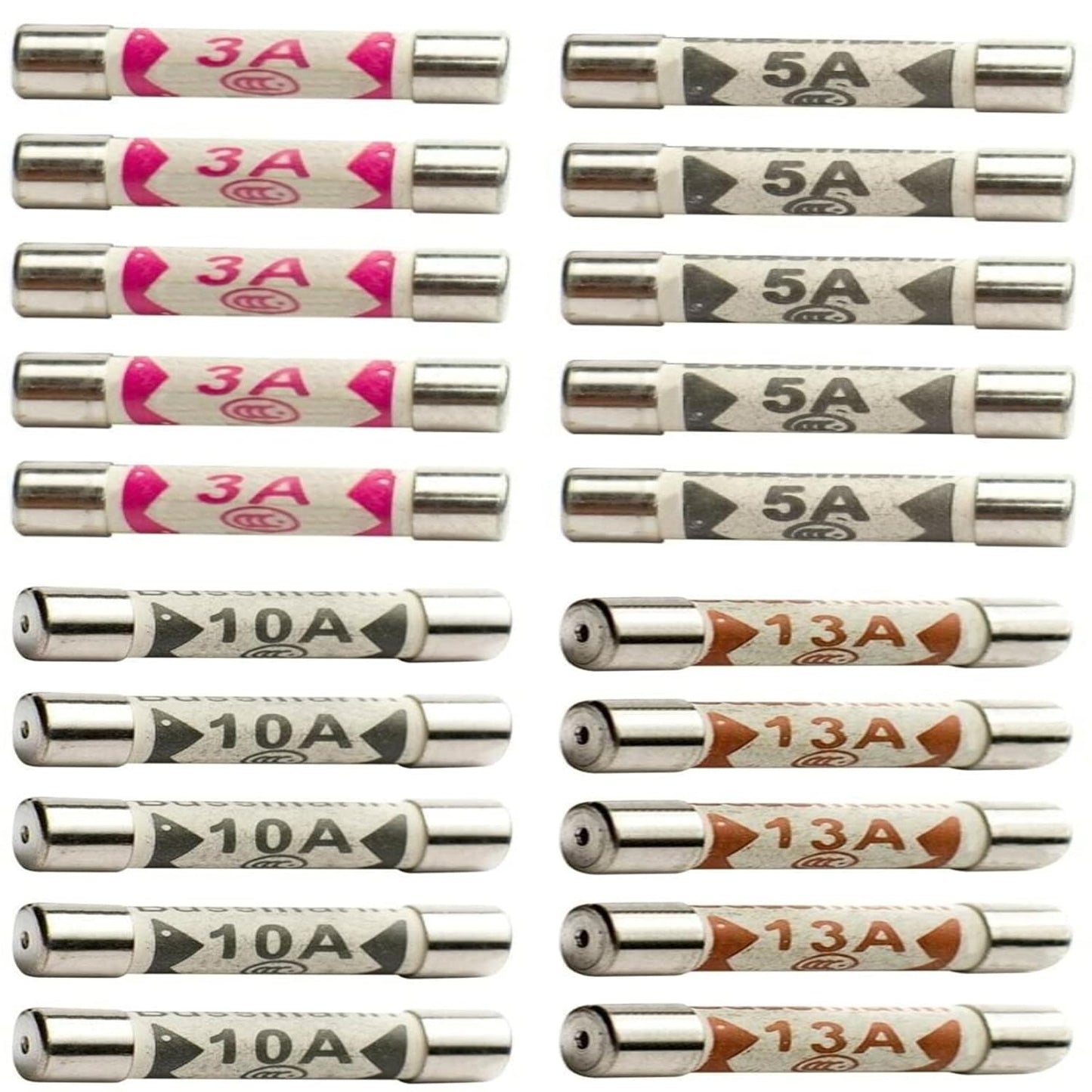 5x Each 3A, 5A, 10A, 13A amp Electrical Fuses
