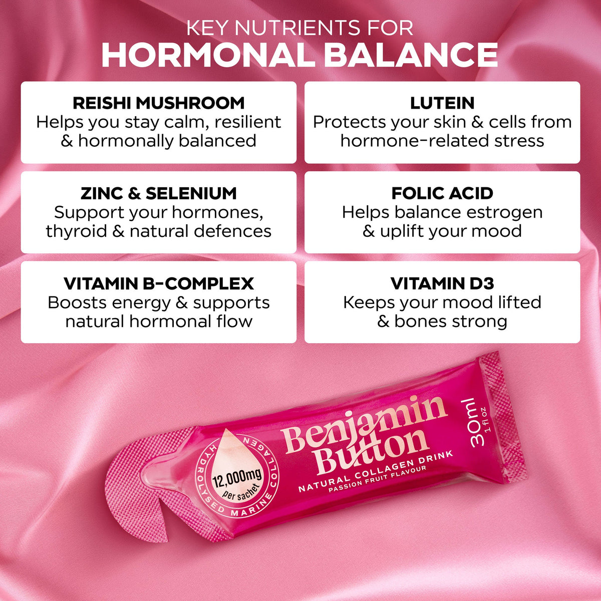 Benjamin Button 12,000mg Marine Collagen Drink - Passionfruit Liquid Sachets - 14 Sachets - Menopause Support