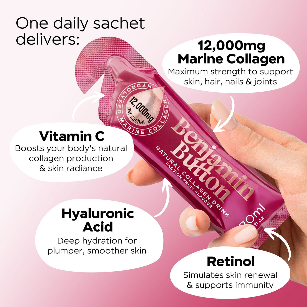 Benjamin Button 12,000mg Marine Collagen Drink - Passionfruit Liquid Sachets - 14 Sachets - Menopause Support