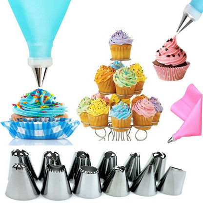 CAKE PIPING ICING 14Pcs CUPCAKE DECORATING COTTON BAG NOZZLE SET SUGARCRAFT CUP