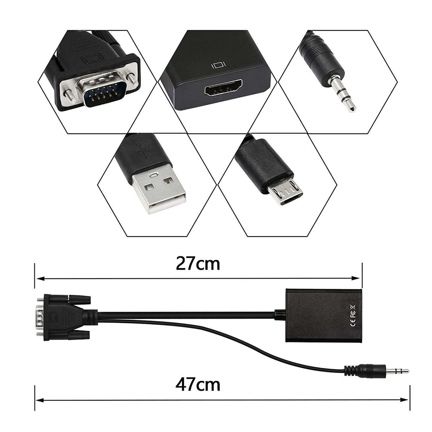 1080P HDMI Female to VGA Male with Audio Output Cable Converter Adapter Lead UK