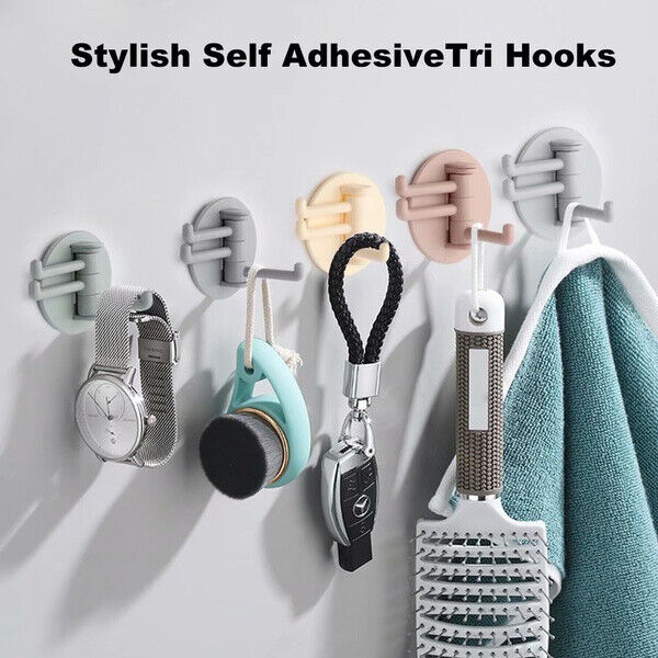 Self Adhesive Tri Hooks Kitchen Bath Room Wall Door Plastic Strong Sticky Holder