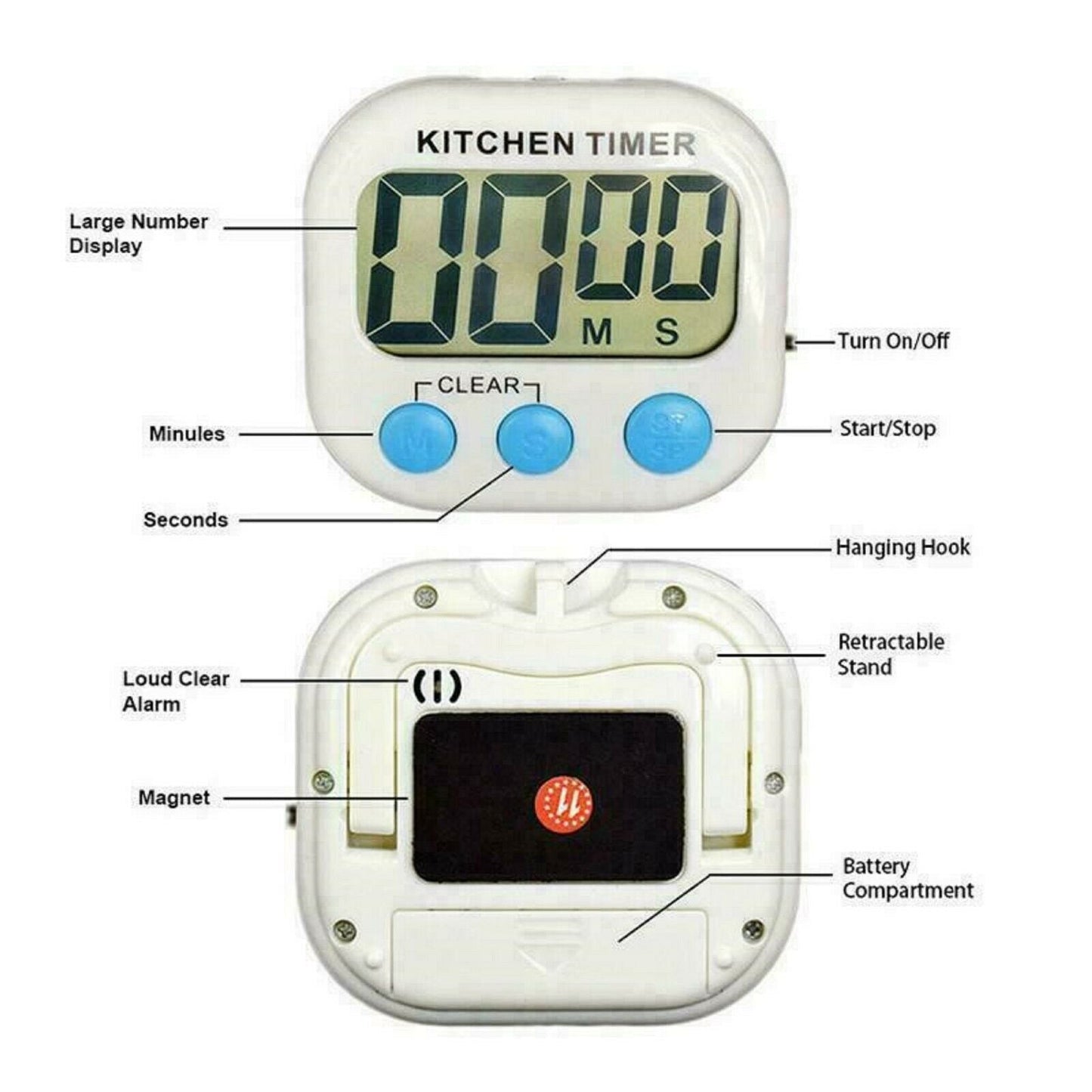 Kitchen Egg Cooking Magnetic Timer Clock Stopwatch Large LCD Digital Loud Alarm