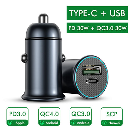 Fast Car Charger 2 USB Port + Type C Universal Socket Adapter For iPhone Samsung