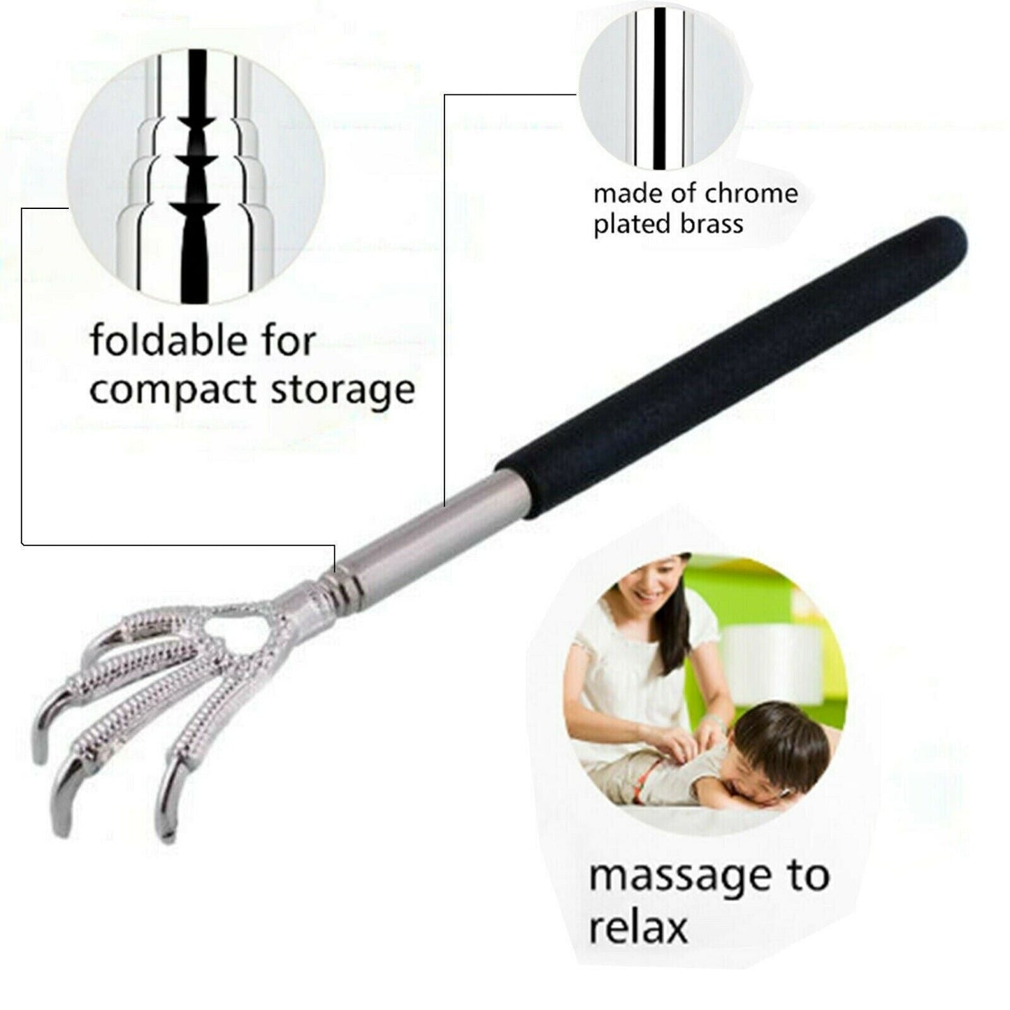 Extendable Back Scratcher Metal Telescopic Eagle Claw Portable Black Massager UK