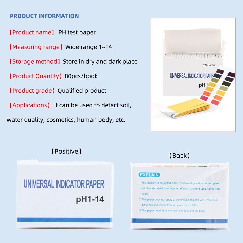 80 Pcs Full Range 1-14 pH Test Paper Strips Litmus Testing Indicator Universal