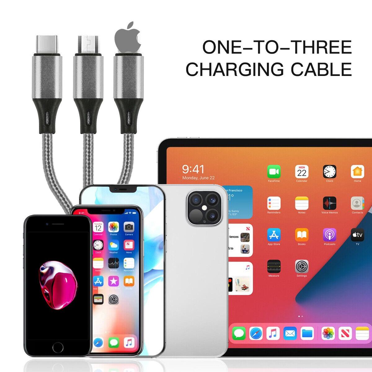 Universal 3 in 1 Multi USB Cable Fast Charger For IOS, Type-C