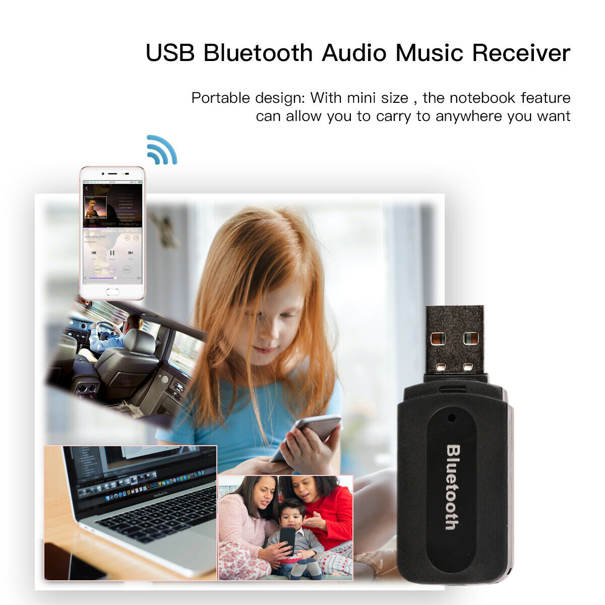 3.5mm to USB Bluetooth Wireless Receiver AUX Audio Stereo Music Adapter Car Kit