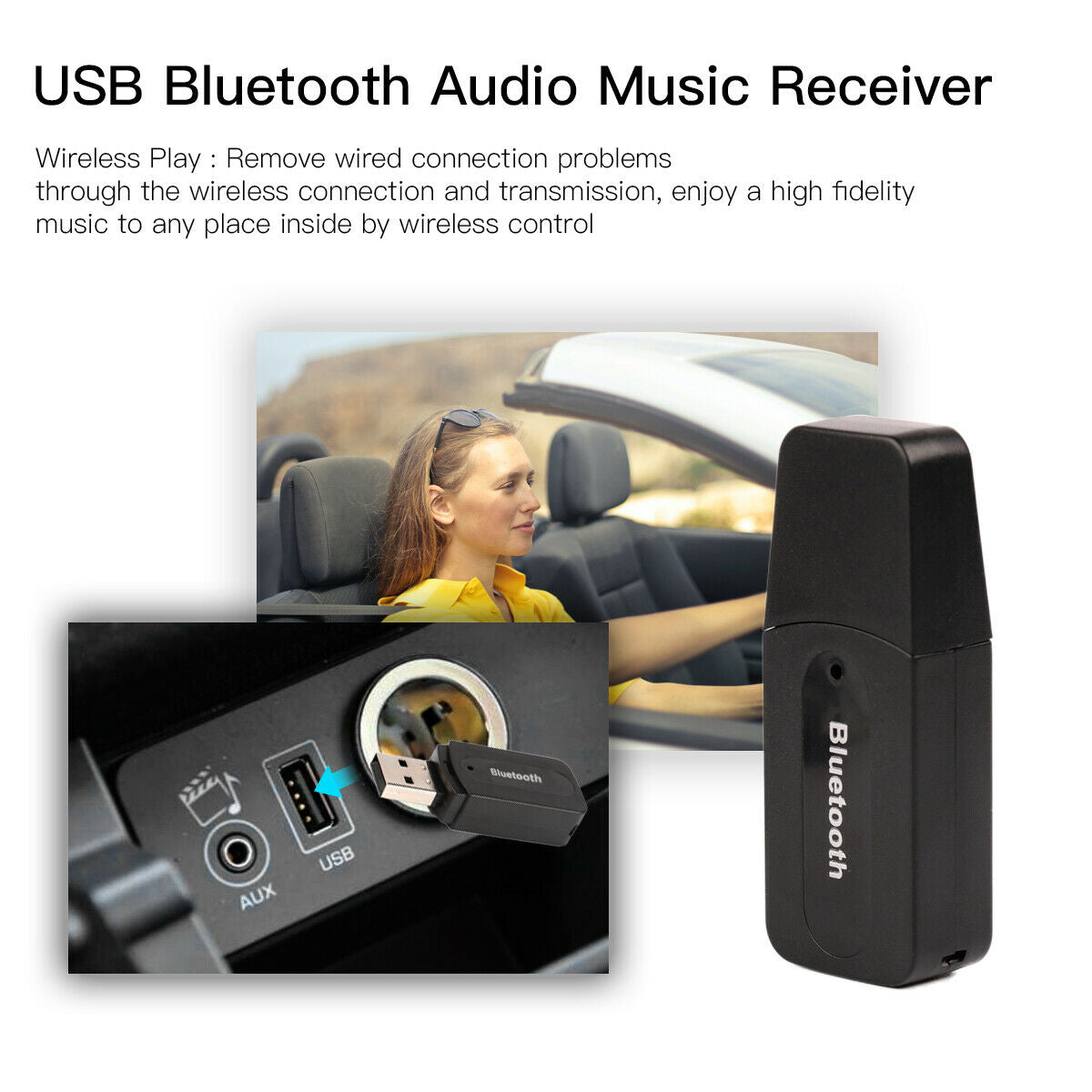 3.5mm to USB Bluetooth Wireless Receiver AUX Audio Stereo Music Adapter Car Kit